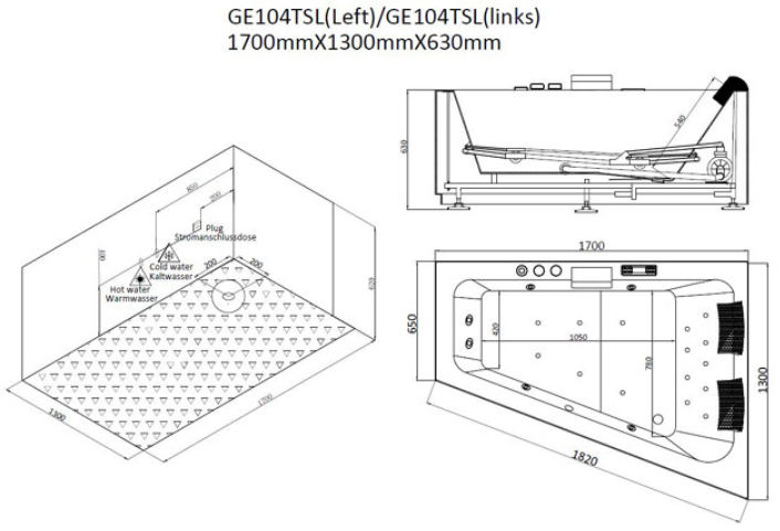 Narożna asymetryczna wanna z hydromasażem lewa GE104TSL (170x130x62cm)