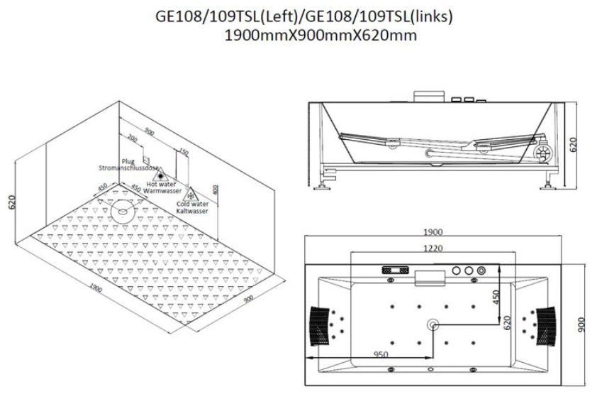 Dwuosobowa wanna z hydromasażem lewa GE109TSL (190x90x62cm)