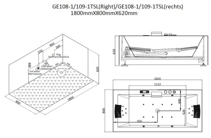 Dwuosobowa wanna z hydromasażem prawa GE109-1TSL (180x80x62cm)