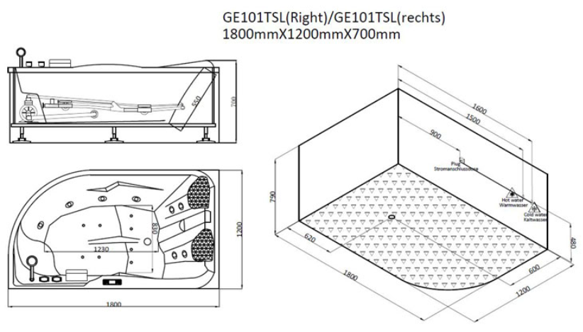 Narożna asymetryczna wanna z hydromasażem prawa GE101TSL (180x120x70cm)