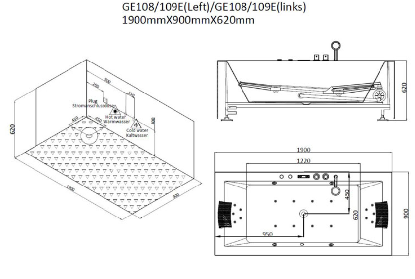 Prostokątna dwuosobowa wanna z hydromasażem prawa GE108E (190x90x62cm)