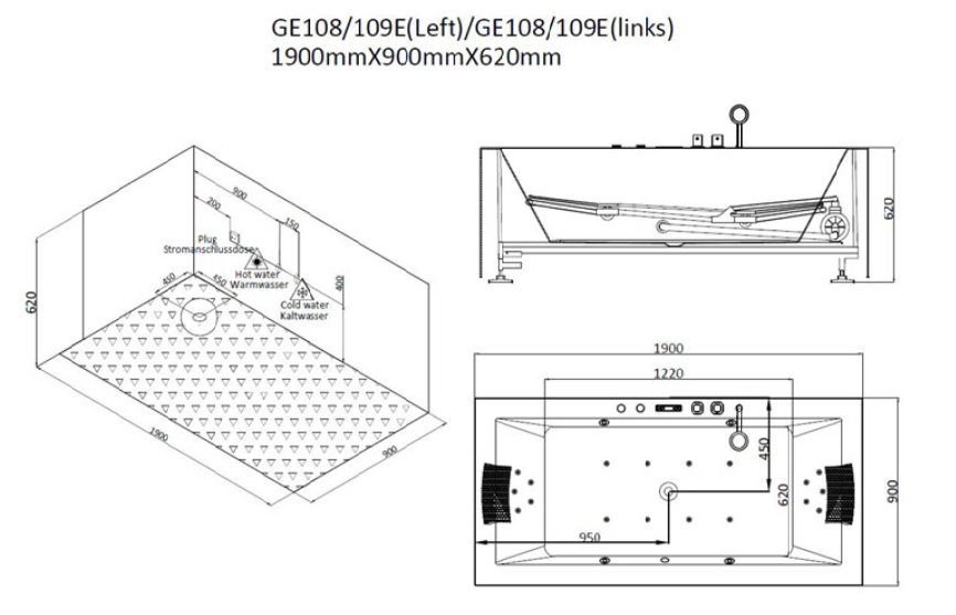 Dwuosobowa wanna z hydromasażem GE108E (190x90x62cm)