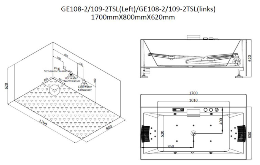 Dwuosobowa wanna z hydromasażem lewa GE109-2TSL (170x80x62cm)