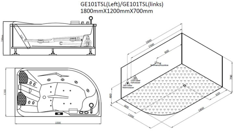 Narożna asymetryczna wanna z hydromasażem lewa GE101TSL (180x120x70cm)