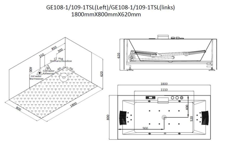 Dwuosobowa prostokątna wanna z hydromasażem GE108-1TSL (180x80x62cm)