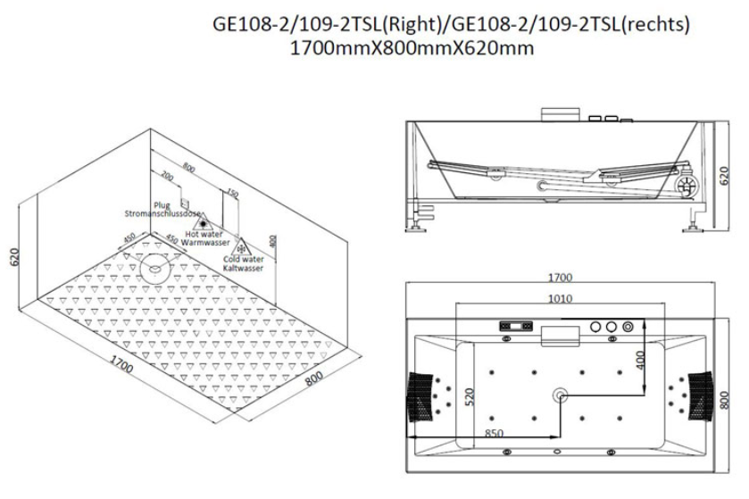 Dwuosobowa wanna z hydromasażem prawa GE109-2TSL (170x80x62cm)