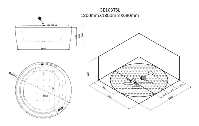 Dwuosobowa okrągła wanna z hydromasażem AWT GE103TSL (180x180x62cm)