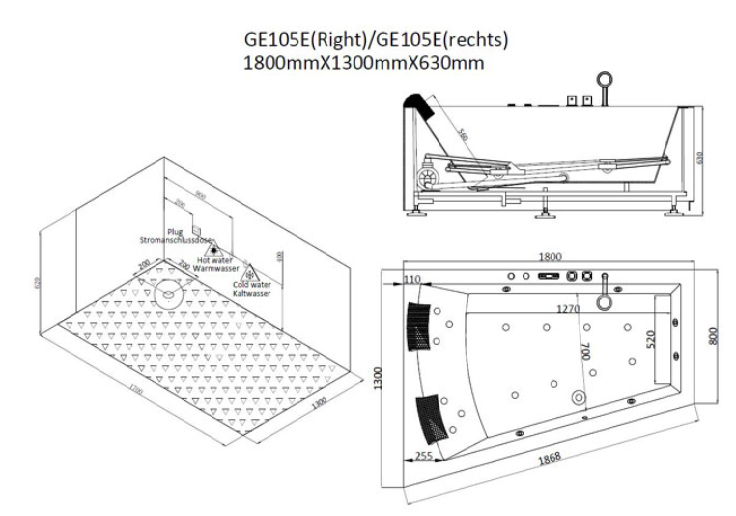 Narożna asymetryczna wanna z hydromasażem prawa GE105E (180x130x62cm)
