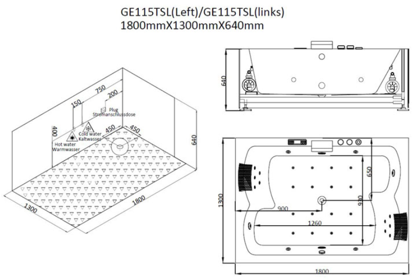 Dwuosobowa wanna z hydromasażem bez obudowy GE115TSL (180x130x69cm)