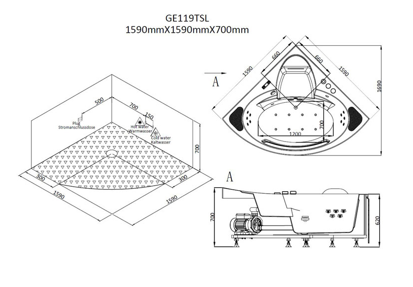 Dwuosobowa narożna wanna z hydromasażem AWT GE119E (158x158x69cm)