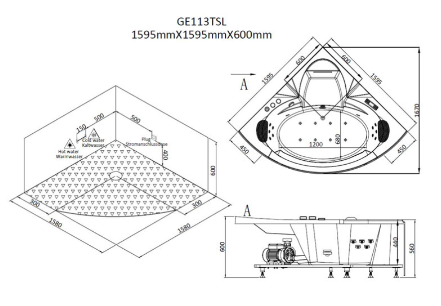 Dwuosobowa narożna wanna z hydromasażem AWT GE113-1TSL (145x145x63cm)