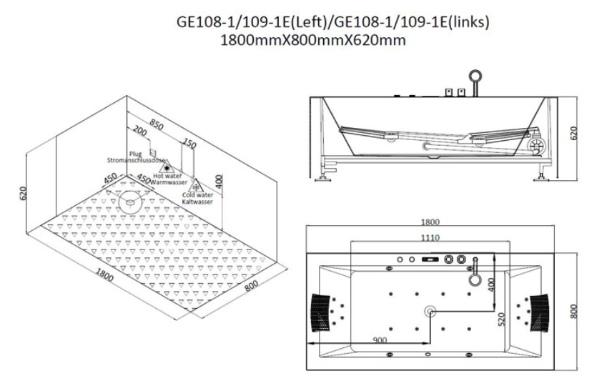 Dwuosobowa prostokątna wanna z hydromasażem lewa GE108-1E (180x80x62cm)