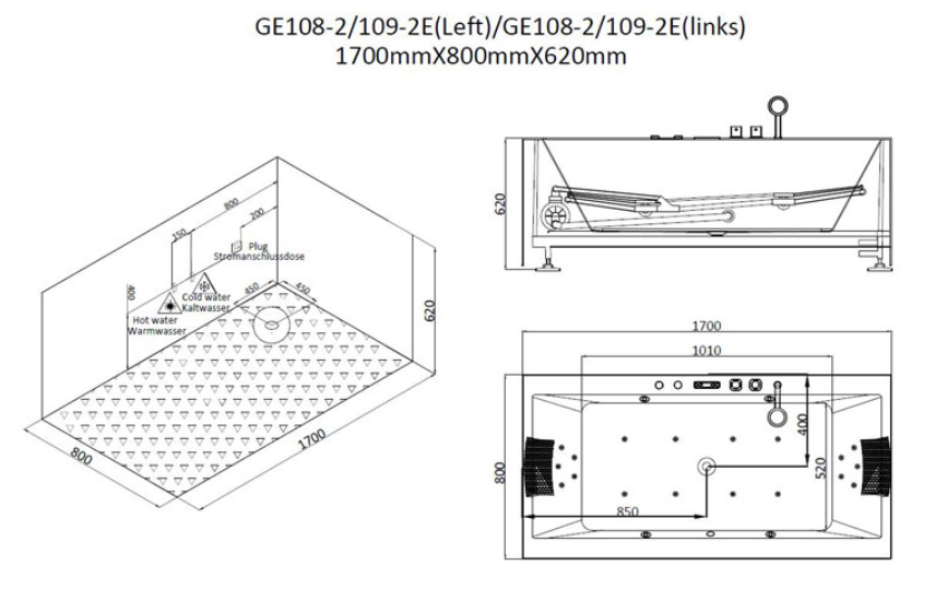 prostokątna wanna z hydromasażem GE108-2E (170x80x62cm)