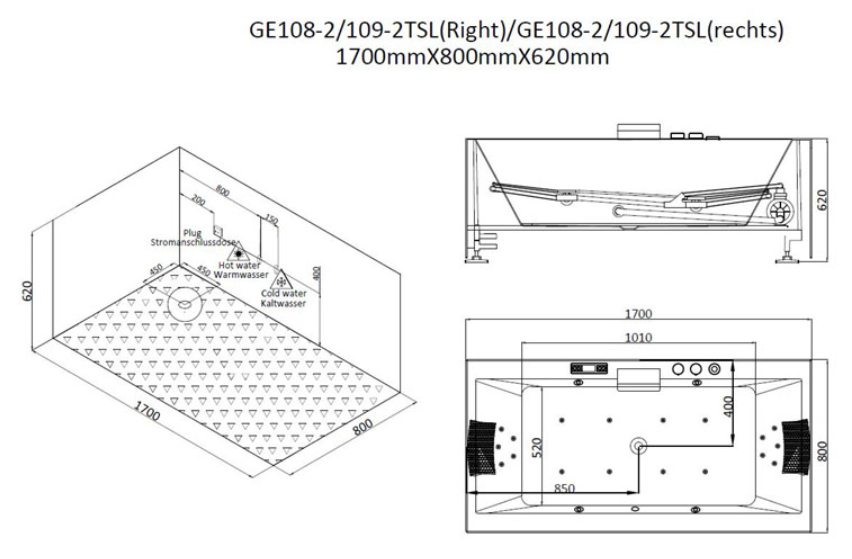 Dwuosobowa prostokątna wanna z hydromasażem GE108-2TSL (171x80x62cm)