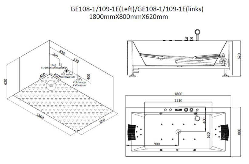 Dwuosobowa prostokątna wanna z hydromasażem GE108-1E (181x80x62cm)