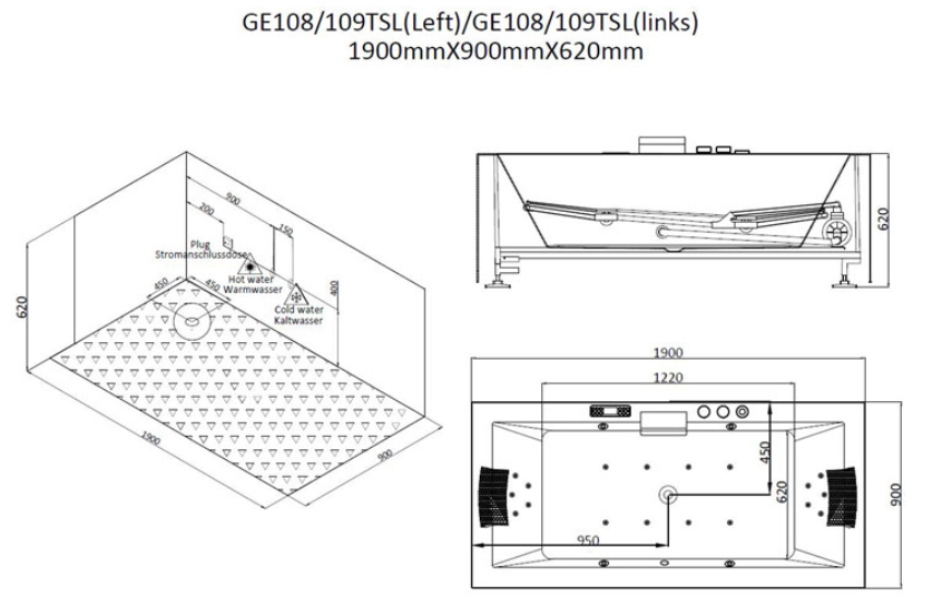 Dwuosobowa prostokątna wanna z hydromasażem GE108TSL (191x90x62cm)