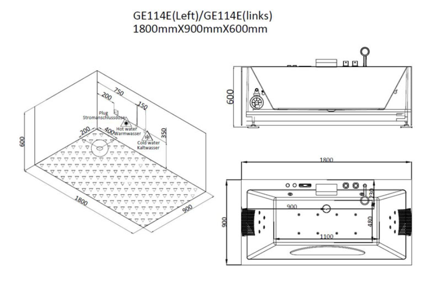 Dwuosobowa prostokątna wanna z hydromasażem AWT GE114E (180x90x60cm)