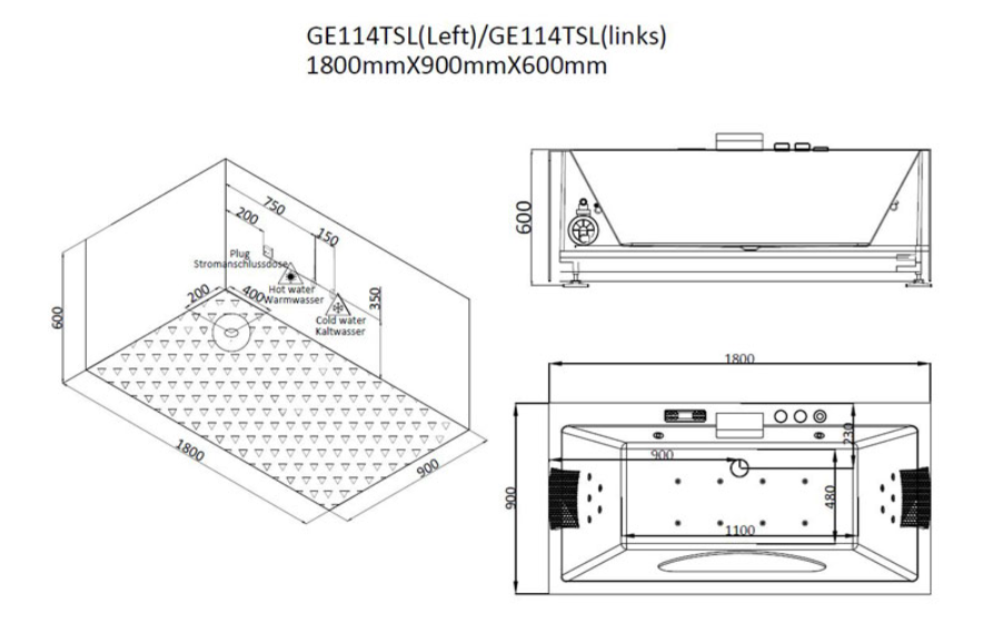 Dwuosobowa prostokątna wanna z hydromasażem AWT GE114TSL (180x90x60cm)
