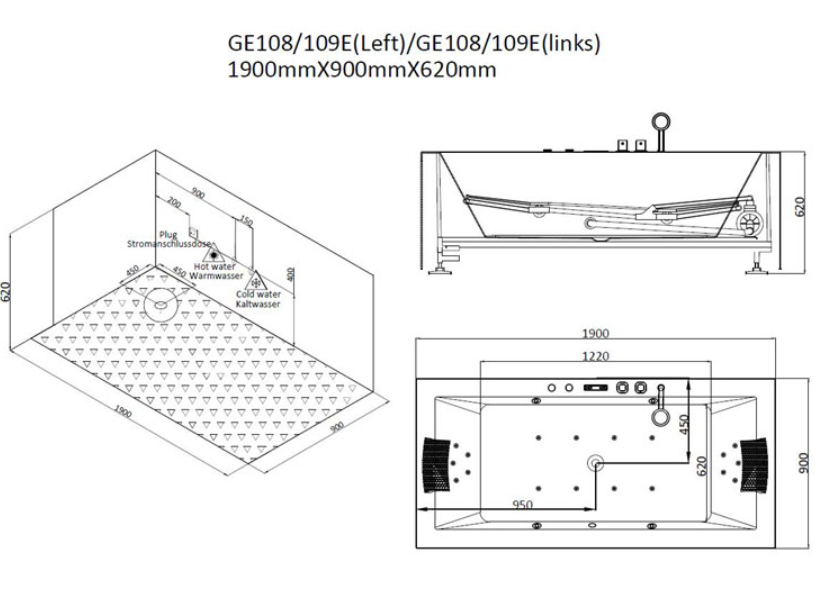 Dwuosobowa prostokątna wanna z hydromasażem prawa GE 108E (190x90x62cm)