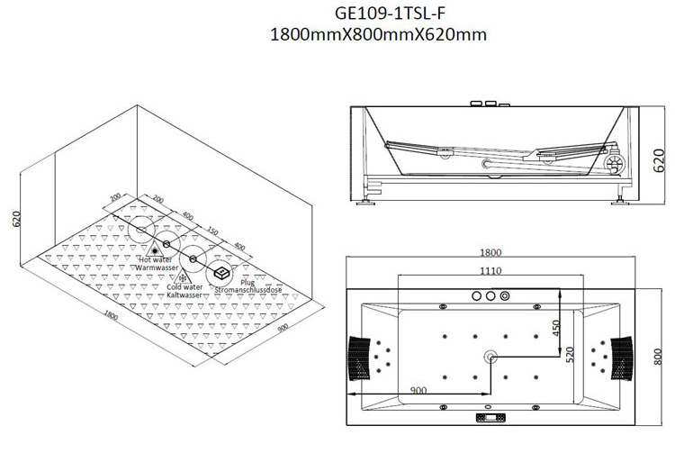 Prostokątna wolnostojąca wanna z hydromasażem GE109-1TSL-F (190x90x62cm)