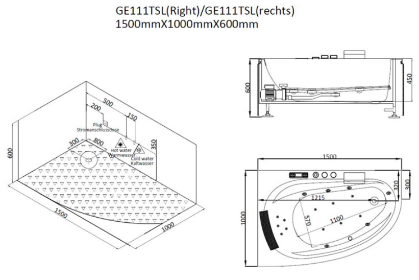 Narożna wanna z hydromasażem prawa z zabudową GE111TSL (150x100x61cm)