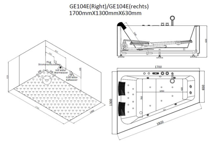 Narożna asymetryczna wanna z hydromasażem prawa GE104E (170x130x62cm)