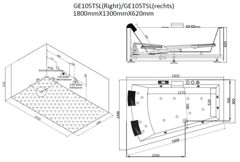 Narożna asymetryczna wanna z hydromasażem prawa GE105TSL (180x130x62cm)