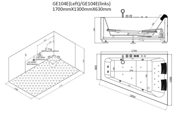 Narożna wanna z hydromasażem lewa bez obudowy GE104E (170x130x62cm)