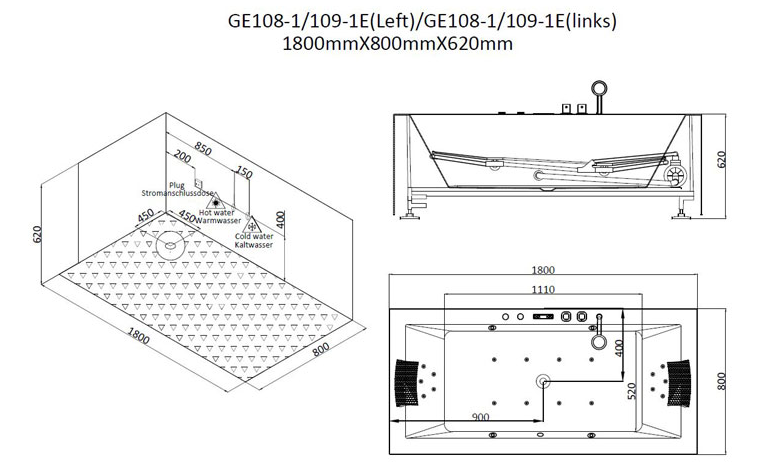 Dwuosobowa wanna z hydromasażem bez obudowy GE108-1E (180x80x62cm)