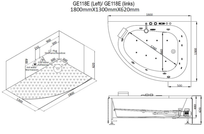 Narożna asymetryczna wanna z hydromasażem lewa GE118E (180x130x66cm)