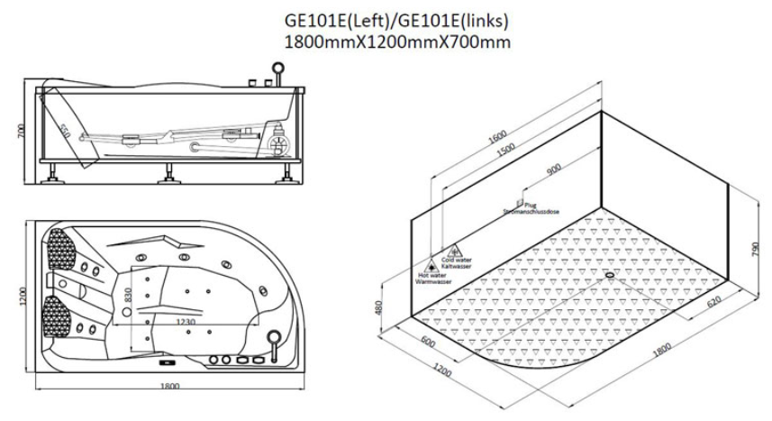 Narożna asymetryczna wanna z hydromasażem lewa GE101E (180x120x70cm)