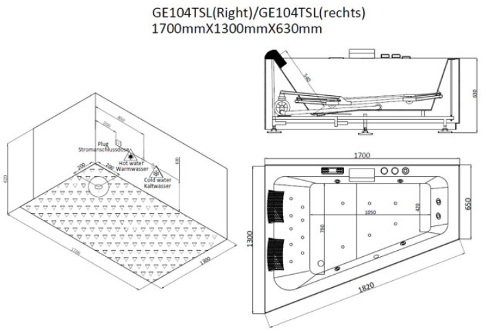 Narożna asymetryczna wanna z hydromasażem prawa GE104TSL (170x130x62cm)