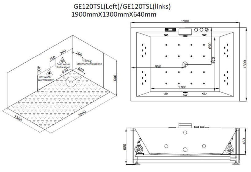 Dwuosobowa wanna z hydromasażem bez obudowy GE120TSL (190x130x62cm)