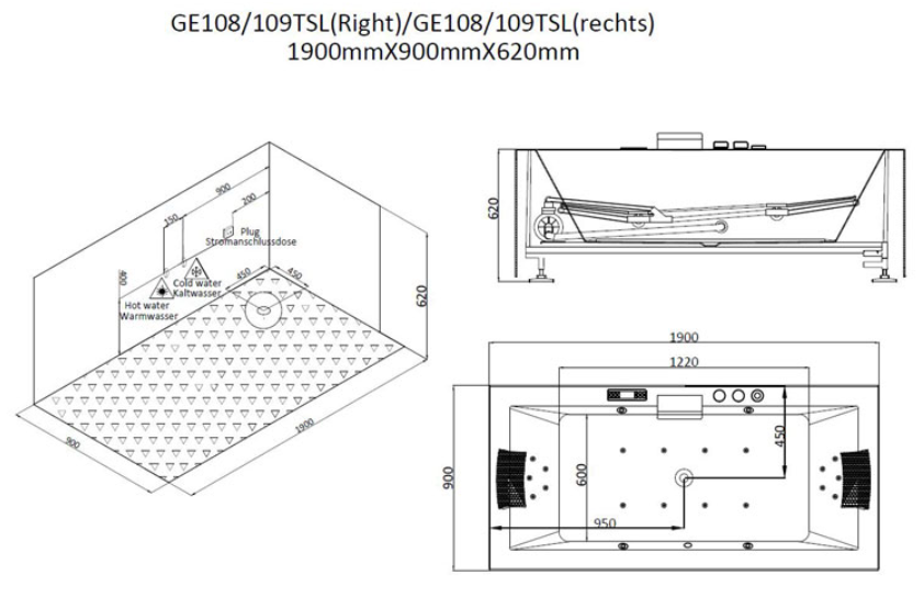 Dwuosobowa wanna z hydromasażem prawa GE109TSL (190x90x62cm)