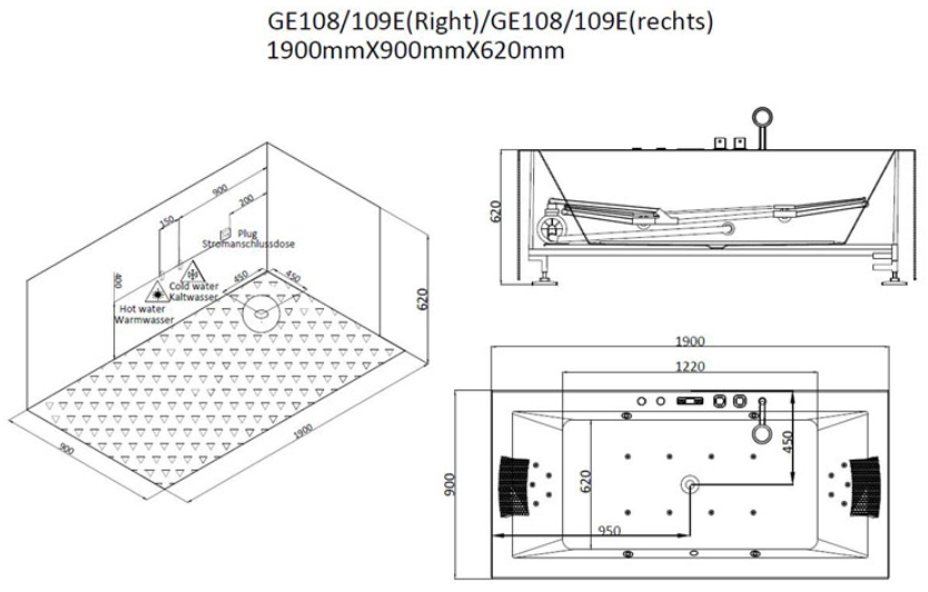 Dwuosobowa wanna z hydromasażem lewa GE108E (190x90x62cm)