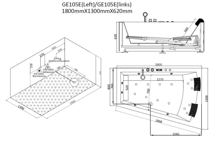 Narożna asymetryczna wanna z hydromasażem lewa GE105E (180x130x62cm)