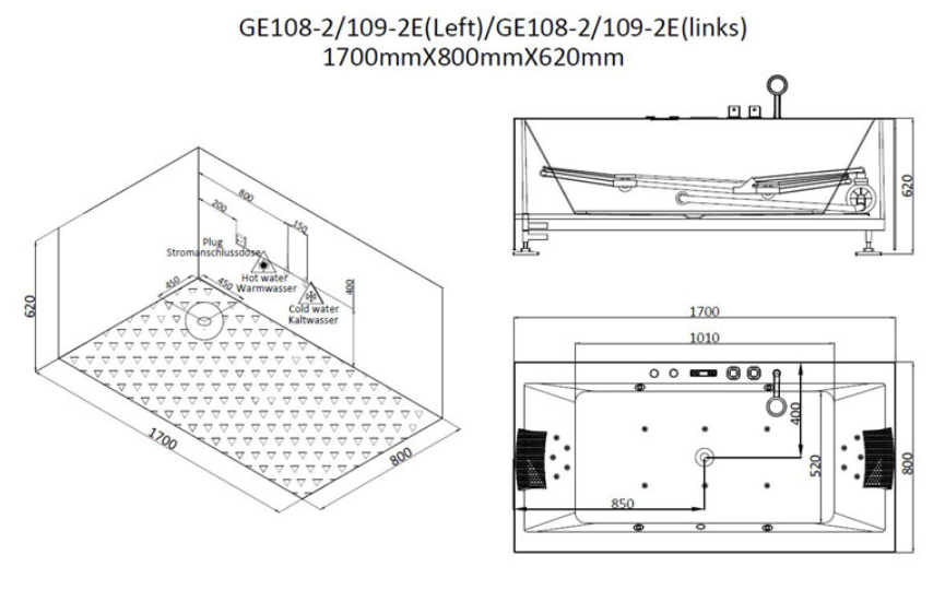 Dwuosobowa wanna z hydromasażem bez obudowy GE108-2E (170x80x62cm)