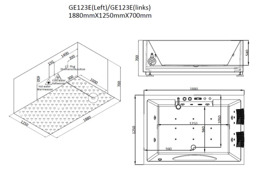 Prostokątna dwuosobowa wanna z hydromasażem AWT GE123E(188x125x70cm)