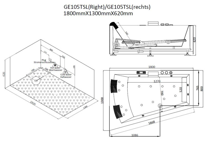 Narożna wanna z hydromasażem prawa bez obudowy GE105TSL (180x130x62cm)