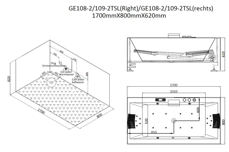 Dwuosobowa wanna z hydromasażem bez obudowy GE108-2TSL (170x80x69cm)