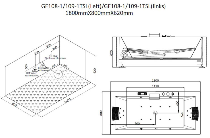 Dwuosobowa wanna z hydromasażem bez obudowy GE108-1TSL (180x80x62cm)