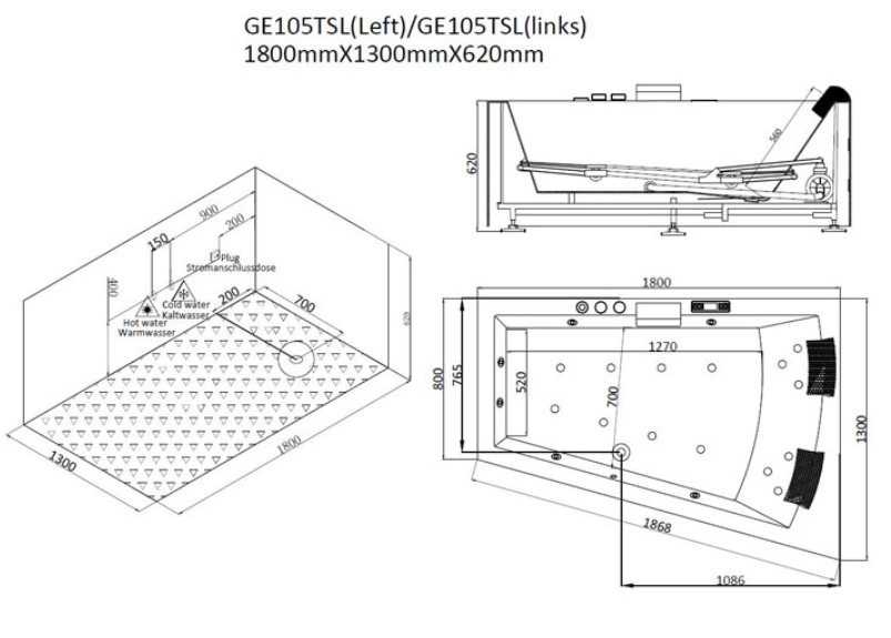 Narożna asymetryczna wanna z hydromasażem lewa GE105TSL (180x130x62cm)