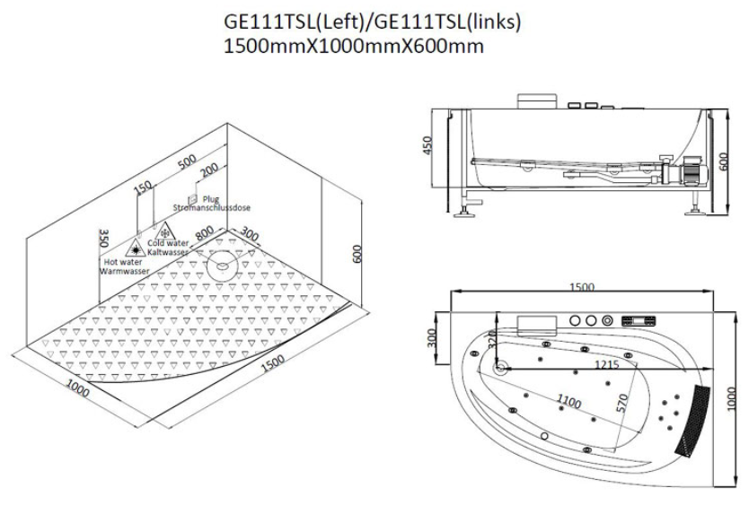 Asymetryczna wanna z hydromasażem lewa GE111TSL (150x100x61cm) zabudowana