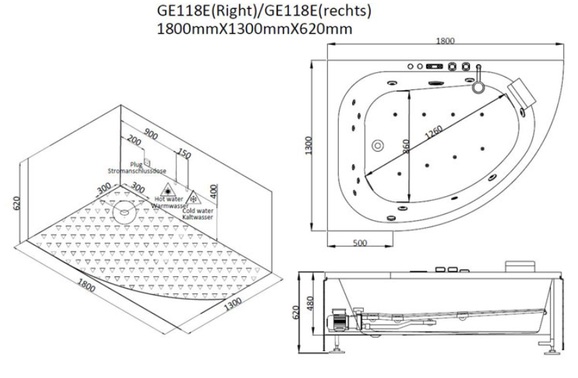 Narożna asymetryczna wanna z hydromasażem prawa GE118E (180x130x66cm)