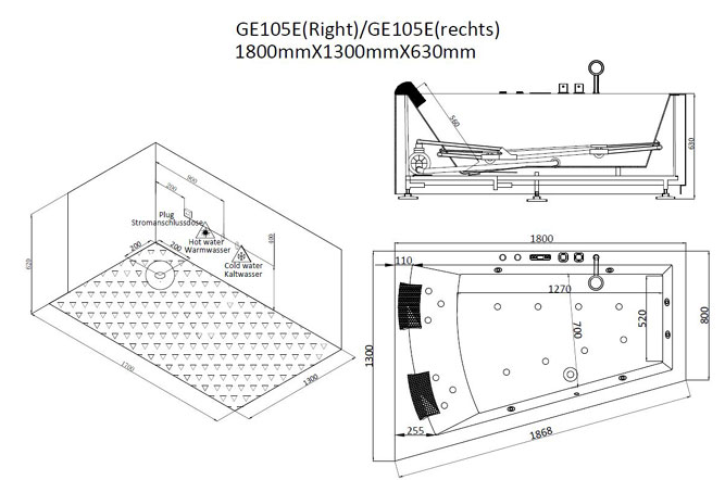 Narożna wanna z hydromasażem prawa bez obudowy GE105E (180x130x62cm)