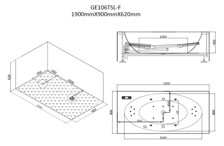 Prostokątna wolnostojąca wanna z hydromasażem GE106TSL-F (190x90x62cm)