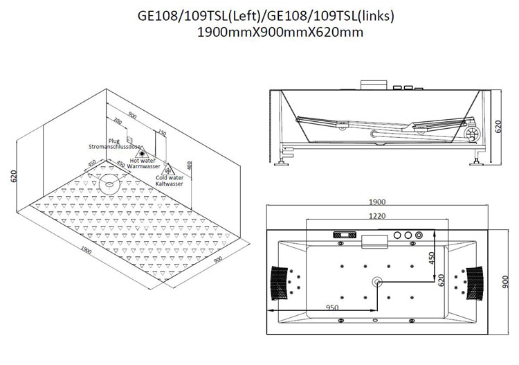 Dwuosobowa wanna z hydromasażem bez obudowy GE108TSL (190x90x62cm)