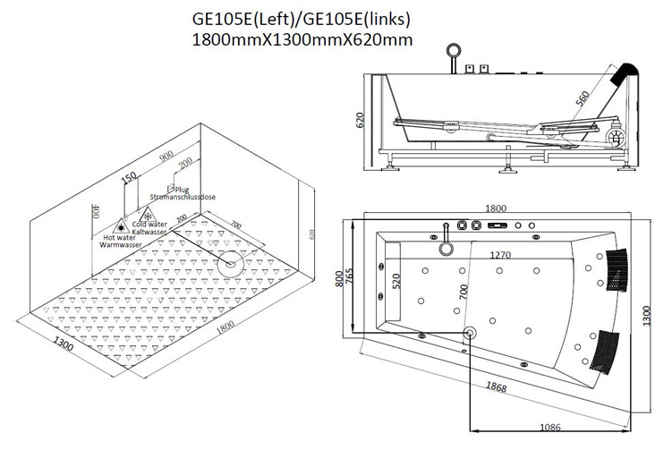 Narożna wanna z hydromasażem lewa bez obudowy GE105E (180x130x62cm)