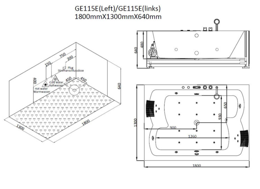 Dwuosobowa prostokątna wanna z hydromasażem GE115E (180x130x62cm)