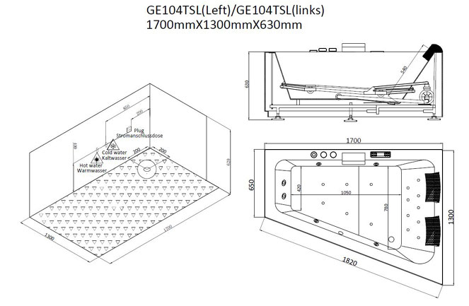 Narożna wanna z hydromasażem lewa bez obudowy GE104TSL (170x130x62cm)